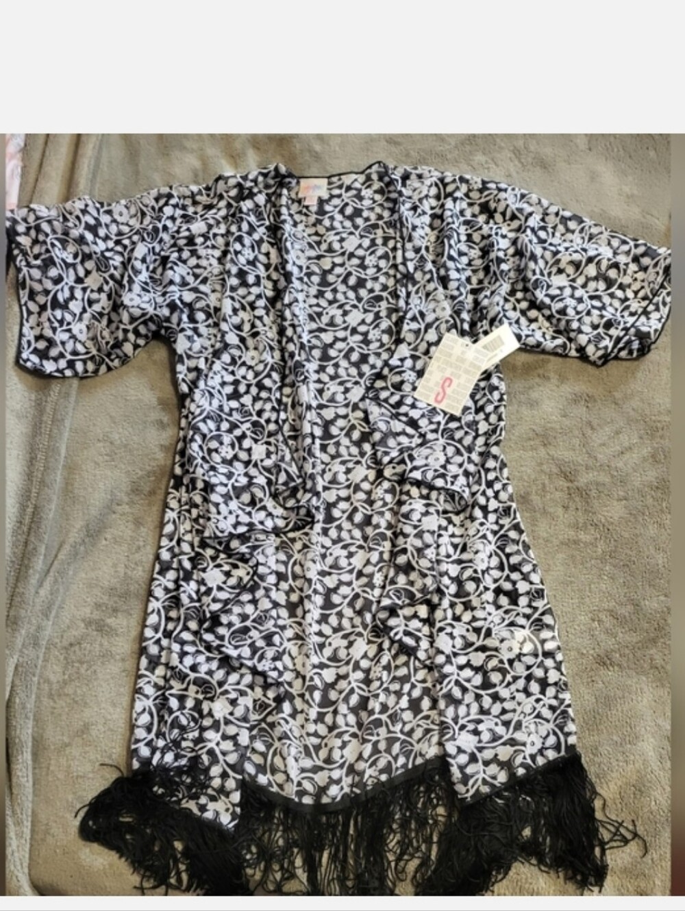 LuLaRoe Kimono Swim Cover Up Black & White Floral Monroe Fringe S NWT